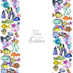 Card template with watercolor oceanic fishes, corals and seaweeds ornament, hand painted on a white background