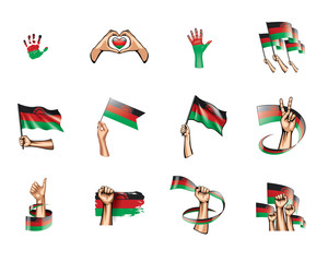 Fototapeta premium Malawi flag and hand on white background. Vector illustration