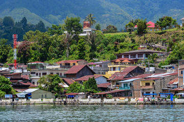 Beautiful view of Village on Lake Toba. This view from Samosir Island, North Sumatra, Indonesia
