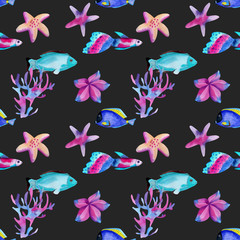 Obraz premium Seamless pattern with watercolor oceanic fishes and starfishes at the bottom of the ocean, hand painted on a dark background