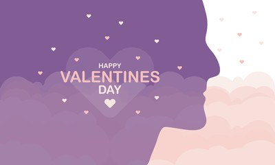 Happy Valentines Day. A holiday of love. Silhouette of a couple of lovers on sky background. The traditional time for romantic dates, as well as shopping on sales. Postcard, poster, invitation, banner