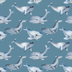 Seamless pattern with watercolor blue whales, hand painted on a blue background