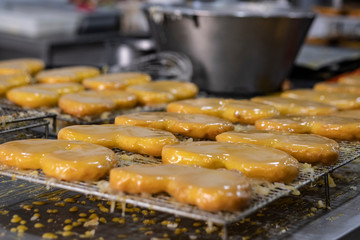 typical cake called egg palm on a grid tray in a pastry shop