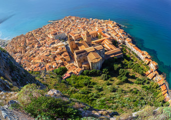 Aerial view over the coastline in Cefalu town in Summertime, Sicily island of Italy