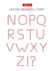 Baseball font made from baseball ball lacing along the contours of the letters. Vector illustration on white background. Part 02