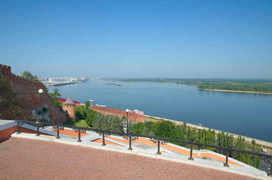 Beautiful view of the Nizhnevolzhskaya embankment and the Volga river from the observation deck of Chkalov stairs in Nizhny Novgorod, Russia