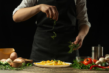 The chef sprinkles spiced herbs, rosemary ready fries, with vegetables on the background. Preparing a tasty but unhealthy food. Background for design and menu, home cooking recipe, cookbook. Fast food