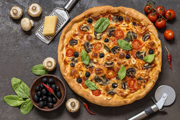 pizza with tomatoes, cheese, mushrooms, olives and spinach on a dark background