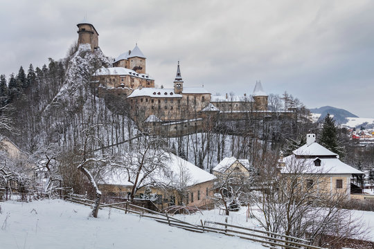 Famous Orava Castle in winter after strong snow storm. Orava region, Northern Slovakia