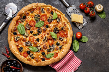 pizza with tomatoes, cheese, mushrooms, olives and spinach on a dark background