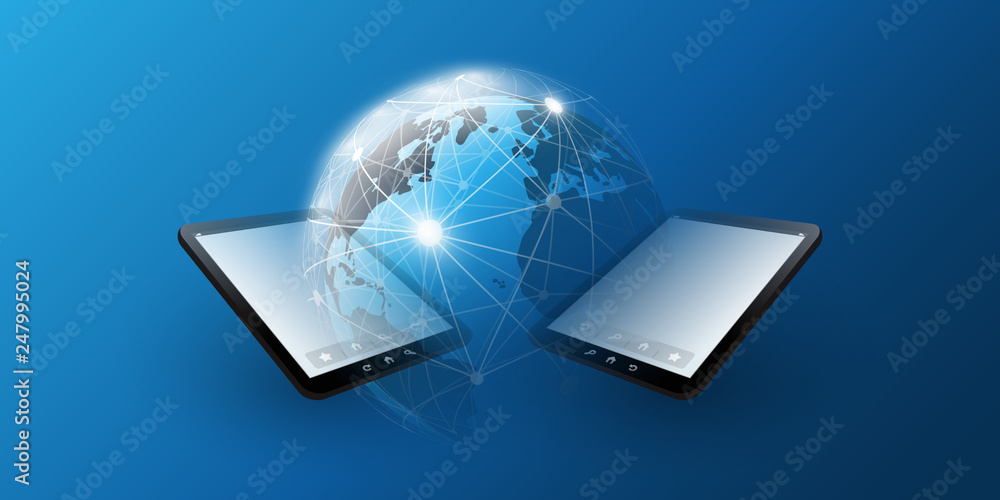 Poster cloud computing design concept with earth globe and tablet pc - digital network connections, technol