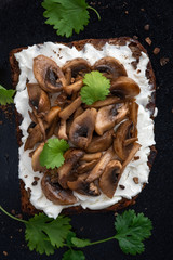 Toast with mushrooms and ricotta on a black background, top view.