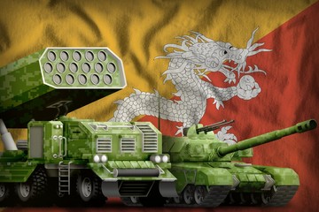 Bhutan heavy military armored vehicles concept on the national flag background. 3d Illustration