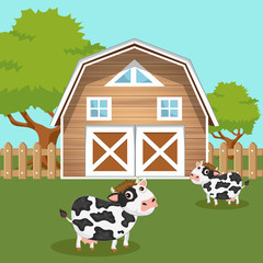 Cows in the farm scene. Concept for nature, country and healthy life and food. Organic food. Flat vector illustration