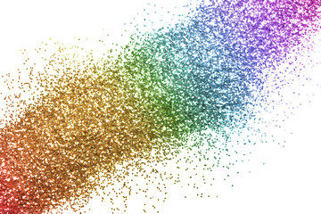Sparkling rainbow glitter on white background background, top view