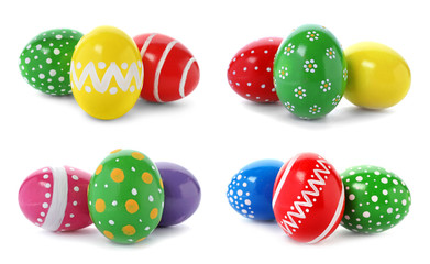 Set of colorful painted Easter eggs on white background