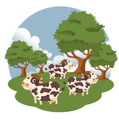 Cows in the farm scene. Concept for nature, country and healthy life and food. Organic food. Flat vector illustration