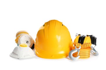 Set of safety equipment on white background
