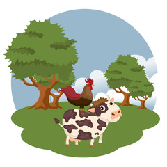 Animals in the farm scene. Nature and country concept. Flat vector illustration