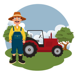 Farmer in the farm scene. Flat vector illustration