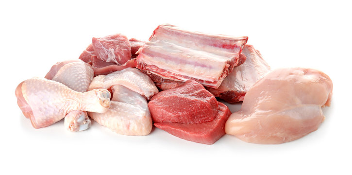 Various fresh raw meats on white background