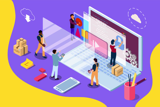 Web development design concept with character and text place. Can use for web banner, infographics, hero images. Flat isometric illustration