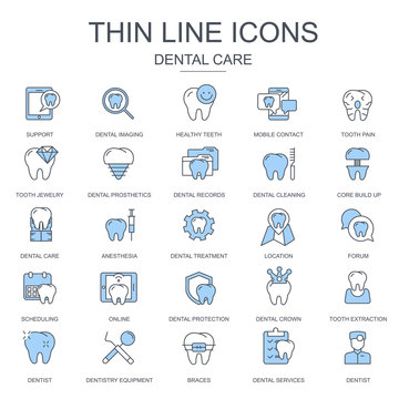 Thin line dental care, dentistry equipment icons set for website and mobile site and apps. Contains such Icons as Dentist, Braces. Flat vector illustration