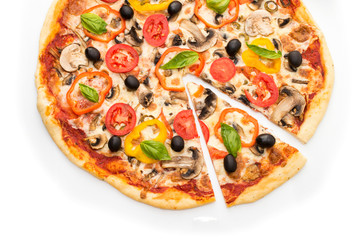 Delicious italian pizzas lifted slice 1 Isolated on white background. Pizza with ham, pepper and olives