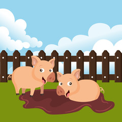 Pigs in the farm scene. Concept for animal farm. Flat vector illustration