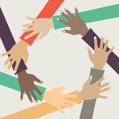 Teamwork concept. Friends with stack of hands showing unity and teamwork, top view. Young people putting their hands together. Flat vector illustration