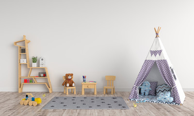 Teepee in children room interior for mockup, 3D rendering © wuttichai1983