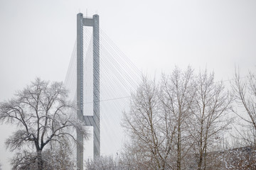 Pylon and cable-braced of Southern cable-stayed bridge across the Dnipro river in Kyiv, Ukraine. Winter is cloudy weather.
