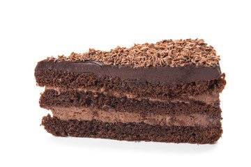 Piece of tasty chocolate cake on white background