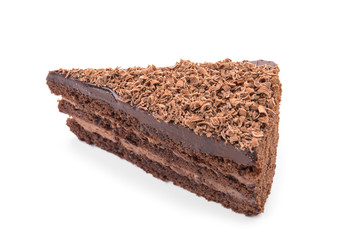 Piece of tasty chocolate cake on white background