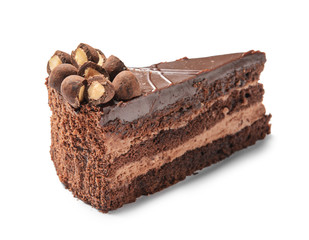 Piece of tasty chocolate cake on white background
