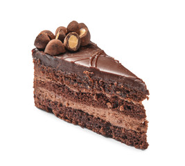 Piece of tasty chocolate cake on white background