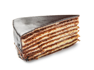 Piece of tasty chocolate cake on white background