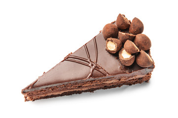 Piece of tasty chocolate cake on white background