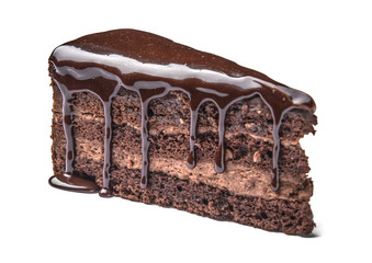 Piece of tasty chocolate cake on white background