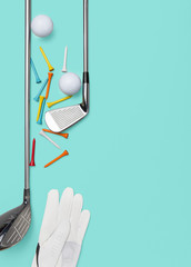 Golfequipment auf flacher Unterlage in türkis von oben