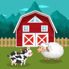 Obraz na płótnie Canvas Cow and sheep in the farm scene. Concept for nature, country and healthy life and food. Organic food. Flat vector illustration