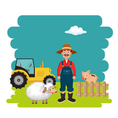 Farmer in the farm scene. Flat vector illustration