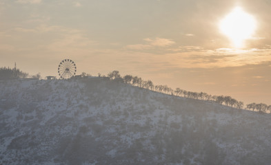 winter sunset mountain sun, panoramic landscape, Kazakhstan, Almaty