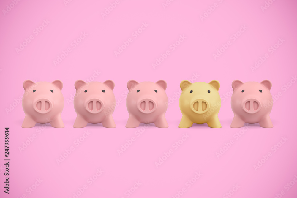 Poster 3d rendering of five piggy banks standing in a row on a pink background.