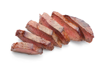 Pieces of tasty cooked meat on white background