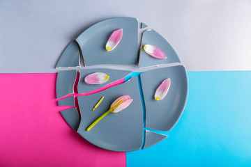 Cracked plate with flower petals on color background