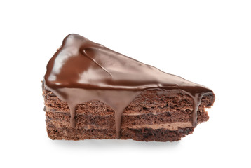 Piece of tasty chocolate cake on white background