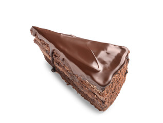 Piece of tasty chocolate cake on white background