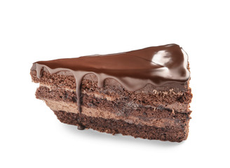 Piece of tasty chocolate cake on white background