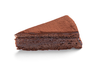 Piece of tasty chocolate cake on white background